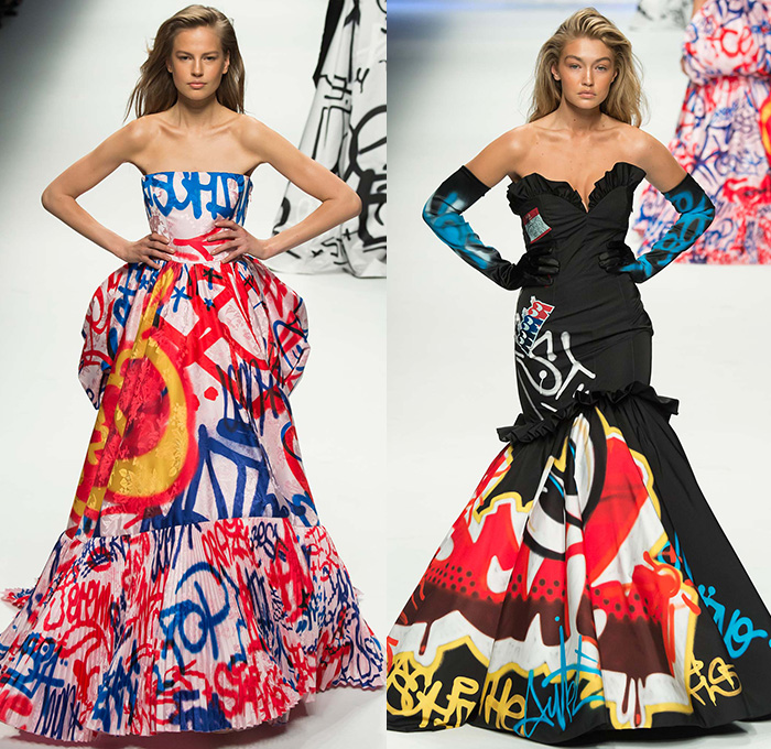 Moschino with Designer Jeremy Scott 2015-2016 Fall Autumn Winter Womens Runway Catwalk Looks - Milano Moda Donna Collezione Milan Fashion Week Italy - Reverse Denim Jeans Patchwork Puffer Quilted Jumpsuit Looney Tunes Porky Pig Daffy Duck Bugs Bunny Sylvester Foghorn Leghorn Tasmanian Devil Taz Teddy Bear Jumpsuit Overalls Romper Gold Crop Top Midriff Chain Shirtdress Camo Graffiti Jogger Sweatpants Outerwear Coat Parka