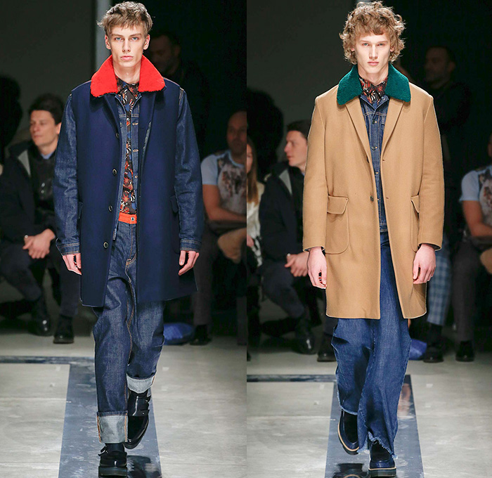 MSGM by Massimo Giorgetti 2015-2016 Fall Autumn Winter Mens Runway Catwalk Looks - Milano Moda Uomo Collezione Milan Fashion Week Italy Camera Nazionale della Moda Italiana - Denim Jeans Outerwear Coat Stripes Velvet Dynamite Rocketship Bomb Explosives Robots Stars Constellations Motif Overalls Onesie Jumpsuit Bib Brace Dungarees Outerwear Slouchy Knit Turtleneck Plaid Leopard Oversized Jacket