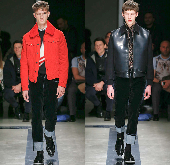 MSGM by Massimo Giorgetti 2015-2016 Fall Autumn Winter Mens Runway Catwalk Looks - Milano Moda Uomo Collezione Milan Fashion Week Italy Camera Nazionale della Moda Italiana - Denim Jeans Outerwear Coat Stripes Velvet Dynamite Rocketship Bomb Explosives Robots Stars Constellations Motif Overalls Onesie Jumpsuit Bib Brace Dungarees Outerwear Slouchy Knit Turtleneck Plaid Leopard Oversized Jacket