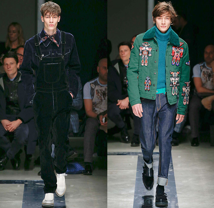 MSGM by Massimo Giorgetti 2015-2016 Fall Autumn Winter Mens Runway Catwalk Looks - Milano Moda Uomo Collezione Milan Fashion Week Italy Camera Nazionale della Moda Italiana - Denim Jeans Outerwear Coat Stripes Velvet Dynamite Rocketship Bomb Explosives Robots Stars Constellations Motif Overalls Onesie Jumpsuit Bib Brace Dungarees Outerwear Slouchy Knit Turtleneck Plaid Leopard Oversized Jacket