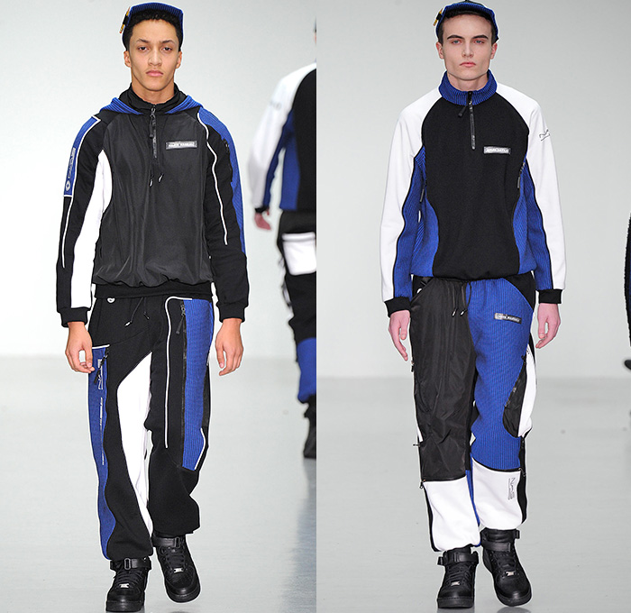 Nasir Mazhar 2015-2016 Fall Autumn Winter Mens Runway Catwalk Looks - London Collections: Men British Fashion Council UK United Kingdom - Metallic Outerwear Parka Coat Tracksuit Nylon Streetwear Jacquard Zippers Vest Jogger Sporty Silk Clubwear Mesh Knit Hoodie Multi-Panel Sneakers Angular Hem Waistcoat Sweatpants Sweater Jumper Athletic Backpack Quilted Shirt Long Sleeve