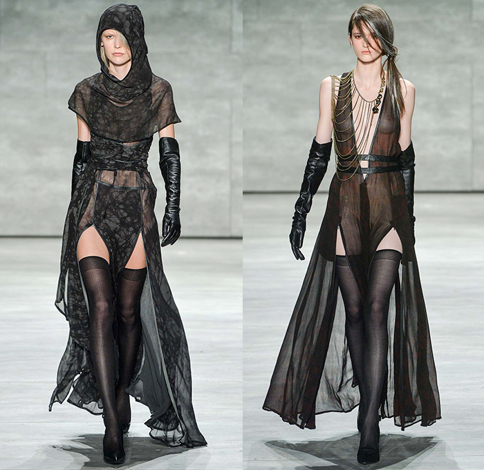 Nicholas K 2015-2016 Fall Autumn Winter Womens Runway Catwalk Looks - Mercedes-Benz Fashion Week New York MBFW NYFW - The Cabinet Of Dr. Caligari Film Noir - Apocalytpic Steampunk Dark Gothic Futuristic Lightweight Aviator Wrap Drapery Cape Utilitarian Sheer Chiffon Hoodie Straps Maxi Dress Blouse Ombre Grunge Abstract Furry Outerwear Jacket Asymmetrical Hem Pinstripe Shearling Jogger Ruffles Knit