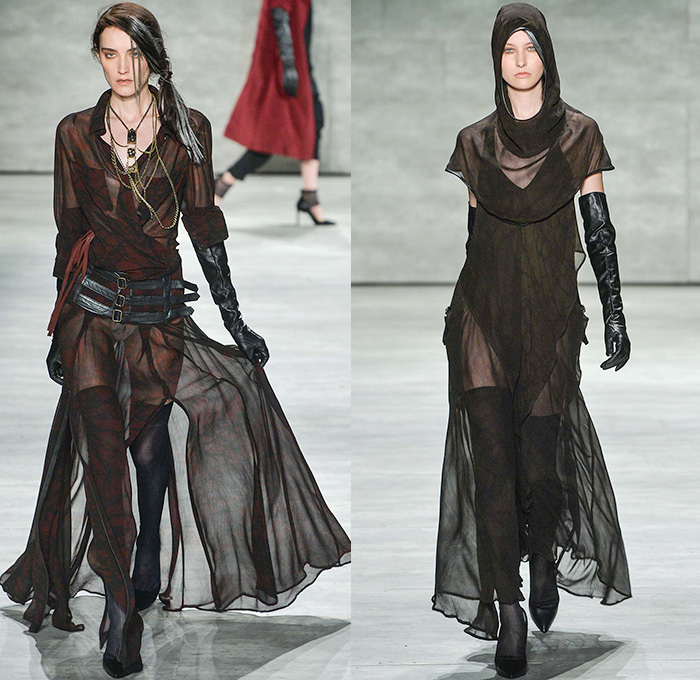 Nicholas K 2015-2016 Fall Autumn Winter Womens Runway Catwalk Looks - Mercedes-Benz Fashion Week New York MBFW NYFW - The Cabinet Of Dr. Caligari Film Noir - Apocalytpic Steampunk Dark Gothic Futuristic Lightweight Aviator Wrap Drapery Cape Utilitarian Sheer Chiffon Hoodie Straps Maxi Dress Blouse Ombre Grunge Abstract Furry Outerwear Jacket Asymmetrical Hem Pinstripe Shearling Jogger Ruffles Knit