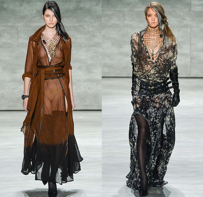 Nicholas K 2015-2016 Fall Autumn Winter Womens Runway Catwalk Looks - Mercedes-Benz Fashion Week New York MBFW NYFW - The Cabinet Of Dr. Caligari Film Noir - Apocalytpic Steampunk Dark Gothic Futuristic Lightweight Aviator Wrap Drapery Cape Utilitarian Sheer Chiffon Hoodie Straps Maxi Dress Blouse Ombre Grunge Abstract Furry Outerwear Jacket Asymmetrical Hem Pinstripe Shearling Jogger Ruffles Knit