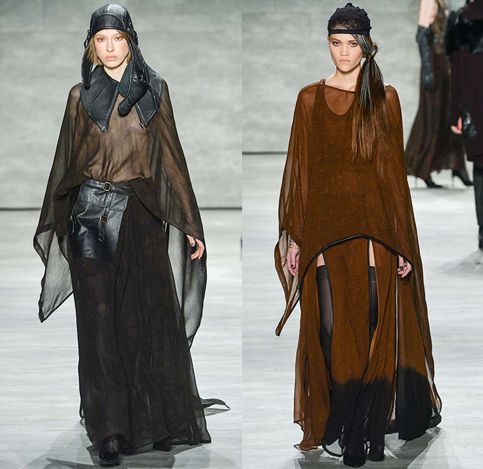 Nicholas K 2015-2016 Fall Autumn Winter Womens Runway Catwalk Looks - Mercedes-Benz Fashion Week New York MBFW NYFW - The Cabinet Of Dr. Caligari Film Noir - Apocalytpic Steampunk Dark Gothic Futuristic Lightweight Aviator Wrap Drapery Cape Utilitarian Sheer Chiffon Hoodie Straps Maxi Dress Blouse Ombre Grunge Abstract Furry Outerwear Jacket Asymmetrical Hem Pinstripe Shearling Jogger Ruffles Knit