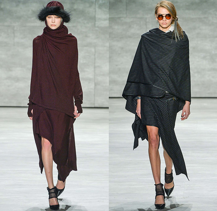 Nicholas K 2015-2016 Fall Autumn Winter Womens Runway Catwalk Looks - Mercedes-Benz Fashion Week New York MBFW NYFW - The Cabinet Of Dr. Caligari Film Noir - Apocalytpic Steampunk Dark Gothic Futuristic Lightweight Aviator Wrap Drapery Cape Utilitarian Sheer Chiffon Hoodie Straps Maxi Dress Blouse Ombre Grunge Abstract Furry Outerwear Jacket Asymmetrical Hem Pinstripe Shearling Jogger Ruffles Knit