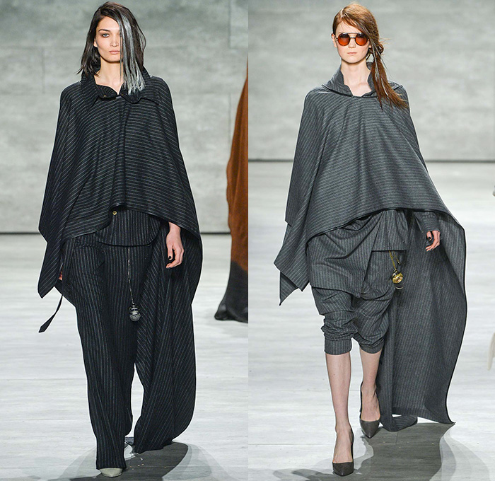 Nicholas K 2015-2016 Fall Autumn Winter Womens Runway Catwalk Looks - Mercedes-Benz Fashion Week New York MBFW NYFW - The Cabinet Of Dr. Caligari Film Noir - Apocalytpic Steampunk Dark Gothic Futuristic Lightweight Aviator Wrap Drapery Cape Utilitarian Sheer Chiffon Hoodie Straps Maxi Dress Blouse Ombre Grunge Abstract Furry Outerwear Jacket Asymmetrical Hem Pinstripe Shearling Jogger Ruffles Knit