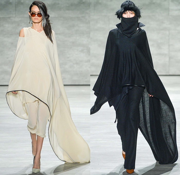 Nicholas K 2015-2016 Fall Autumn Winter Womens Runway Catwalk Looks - Mercedes-Benz Fashion Week New York MBFW NYFW - The Cabinet Of Dr. Caligari Film Noir - Apocalytpic Steampunk Dark Gothic Futuristic Lightweight Aviator Wrap Drapery Cape Utilitarian Sheer Chiffon Hoodie Straps Maxi Dress Blouse Ombre Grunge Abstract Furry Outerwear Jacket Asymmetrical Hem Pinstripe Shearling Jogger Ruffles Knit