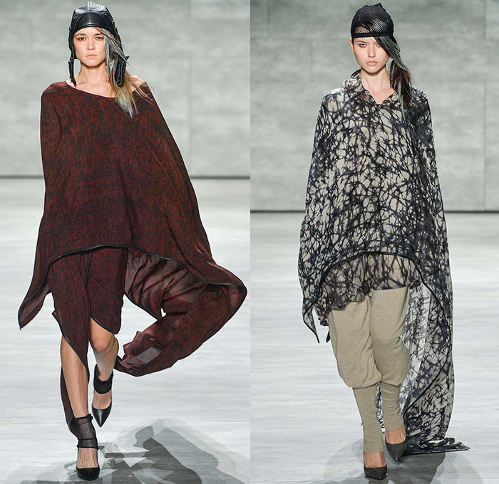 Nicholas K 2015-2016 Fall Autumn Winter Womens Runway Catwalk Looks - Mercedes-Benz Fashion Week New York MBFW NYFW - The Cabinet Of Dr. Caligari Film Noir - Apocalytpic Steampunk Dark Gothic Futuristic Lightweight Aviator Wrap Drapery Cape Utilitarian Sheer Chiffon Hoodie Straps Maxi Dress Blouse Ombre Grunge Abstract Furry Outerwear Jacket Asymmetrical Hem Pinstripe Shearling Jogger Ruffles Knit