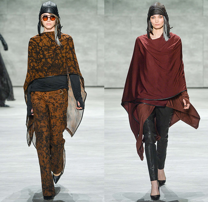 Nicholas K 2015-2016 Fall Autumn Winter Womens Runway Catwalk Looks - Mercedes-Benz Fashion Week New York MBFW NYFW - The Cabinet Of Dr. Caligari Film Noir - Apocalytpic Steampunk Dark Gothic Futuristic Lightweight Aviator Wrap Drapery Cape Utilitarian Sheer Chiffon Hoodie Straps Maxi Dress Blouse Ombre Grunge Abstract Furry Outerwear Jacket Asymmetrical Hem Pinstripe Shearling Jogger Ruffles Knit