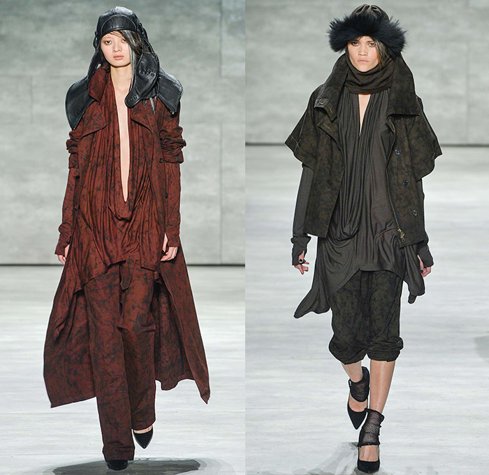 Nicholas K 2015-2016 Fall Autumn Winter Womens Runway Catwalk Looks - Mercedes-Benz Fashion Week New York MBFW NYFW - The Cabinet Of Dr. Caligari Film Noir - Apocalytpic Steampunk Dark Gothic Futuristic Lightweight Aviator Wrap Drapery Cape Utilitarian Sheer Chiffon Hoodie Straps Maxi Dress Blouse Ombre Grunge Abstract Furry Outerwear Jacket Asymmetrical Hem Pinstripe Shearling Jogger Ruffles Knit