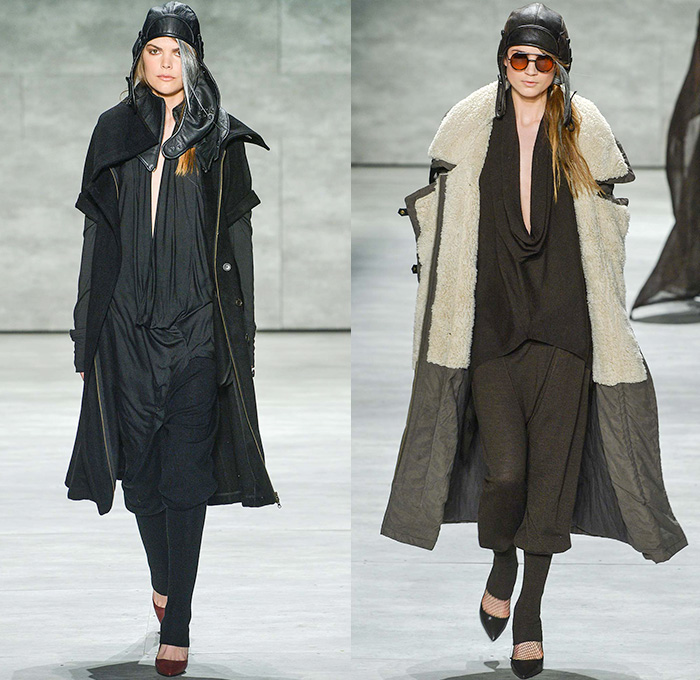 Nicholas K 2015-2016 Fall Autumn Winter Womens Runway Catwalk Looks - Mercedes-Benz Fashion Week New York MBFW NYFW - The Cabinet Of Dr. Caligari Film Noir - Apocalytpic Steampunk Dark Gothic Futuristic Lightweight Aviator Wrap Drapery Cape Utilitarian Sheer Chiffon Hoodie Straps Maxi Dress Blouse Ombre Grunge Abstract Furry Outerwear Jacket Asymmetrical Hem Pinstripe Shearling Jogger Ruffles Knit