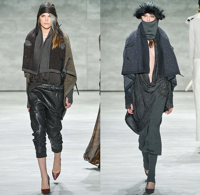 Nicholas K 2015-2016 Fall Autumn Winter Womens Runway Catwalk Looks - Mercedes-Benz Fashion Week New York MBFW NYFW - The Cabinet Of Dr. Caligari Film Noir - Apocalytpic Steampunk Dark Gothic Futuristic Lightweight Aviator Wrap Drapery Cape Utilitarian Sheer Chiffon Hoodie Straps Maxi Dress Blouse Ombre Grunge Abstract Furry Outerwear Jacket Asymmetrical Hem Pinstripe Shearling Jogger Ruffles Knit