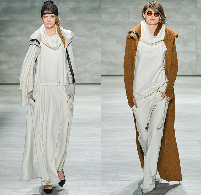 Nicholas K 2015-2016 Fall Autumn Winter Womens Runway Catwalk Looks - Mercedes-Benz Fashion Week New York MBFW NYFW - The Cabinet Of Dr. Caligari Film Noir - Apocalytpic Steampunk Dark Gothic Futuristic Lightweight Aviator Wrap Drapery Cape Utilitarian Sheer Chiffon Hoodie Straps Maxi Dress Blouse Ombre Grunge Abstract Furry Outerwear Jacket Asymmetrical Hem Pinstripe Shearling Jogger Ruffles Knit