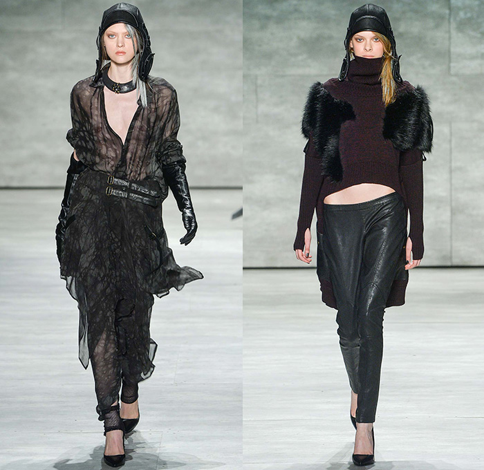 Nicholas K 2015-2016 Fall Autumn Winter Womens Runway Catwalk Looks - Mercedes-Benz Fashion Week New York MBFW NYFW - The Cabinet Of Dr. Caligari Film Noir - Apocalytpic Steampunk Dark Gothic Futuristic Lightweight Aviator Wrap Drapery Cape Utilitarian Sheer Chiffon Hoodie Straps Maxi Dress Blouse Ombre Grunge Abstract Furry Outerwear Jacket Asymmetrical Hem Pinstripe Shearling Jogger Ruffles Knit