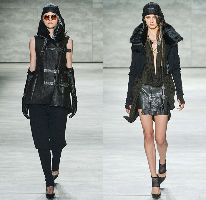 Nicholas K 2015-2016 Fall Autumn Winter Womens Runway Catwalk Looks - Mercedes-Benz Fashion Week New York MBFW NYFW - The Cabinet Of Dr. Caligari Film Noir - Apocalytpic Steampunk Dark Gothic Futuristic Lightweight Aviator Wrap Drapery Cape Utilitarian Sheer Chiffon Hoodie Straps Maxi Dress Blouse Ombre Grunge Abstract Furry Outerwear Jacket Asymmetrical Hem Pinstripe Shearling Jogger Ruffles Knit