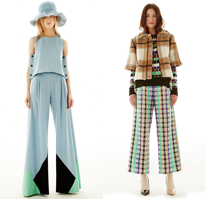 Novis NYC 2015-2016 Fall Autumn Winter Womens Lookbook Presentation - New York Fashion Week NYFW - Wide Leg Palazzo Pants Racing Checks Plaid Grid Outerwear Coat Blazer Jacket Cutouts Waves Fins Floppy Hat Geometric Extra Panel Sweater Jumper Shift Dress Blouse Noodle Spaghetti Strap Scarf Shawl Sheer Chiffon