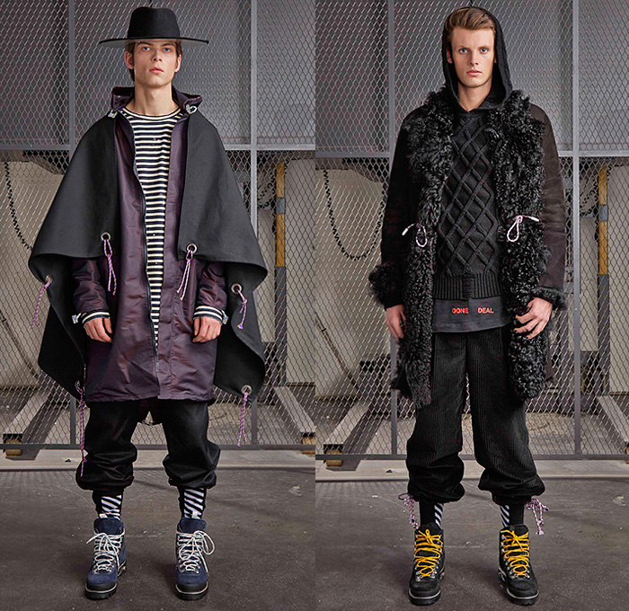 Off-White Virgil Abloh 2015-2016 Fall Autumn Winter Mens Lookbook Presentation - Mode à Paris Fashion Week Mode Masculine France - Outerwear Outdoor Climber Mountaineer Denim Jeans Checks Shawl Jogger Sweatpants Poncho Boots Parka Hoodie Patchwork Stripes Ropes Cables Trench Coat Hat Fleece Wool Nylon Rainwear Furry Knit Sweater Jumper Corduroy Utility Cargo Pockets Backpack Leggings Camouflage Mesh Net