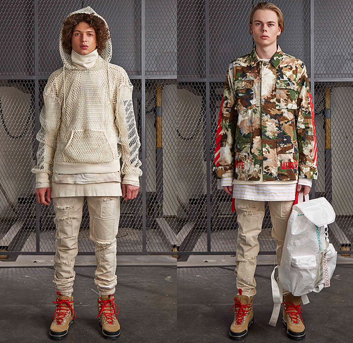 Off-White Virgil Abloh 2015-2016 Fall Autumn Winter Mens Lookbook Presentation - Mode à Paris Fashion Week Mode Masculine France - Outerwear Outdoor Climber Mountaineer Denim Jeans Checks Shawl Jogger Sweatpants Poncho Boots Parka Hoodie Patchwork Stripes Ropes Cables Trench Coat Hat Fleece Wool Nylon Rainwear Furry Knit Sweater Jumper Corduroy Utility Cargo Pockets Backpack Leggings Camouflage Mesh Net