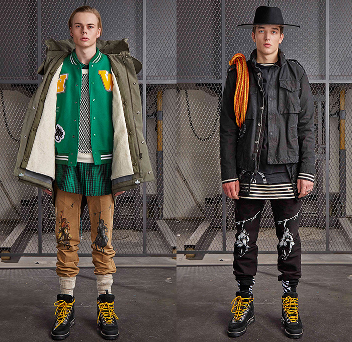 Off-White Virgil Abloh 2015-2016 Fall Autumn Winter Mens Lookbook Presentation - Mode à Paris Fashion Week Mode Masculine France - Outerwear Outdoor Climber Mountaineer Denim Jeans Checks Shawl Jogger Sweatpants Poncho Boots Parka Hoodie Patchwork Stripes Ropes Cables Trench Coat Hat Fleece Wool Nylon Rainwear Furry Knit Sweater Jumper Corduroy Utility Cargo Pockets Backpack Leggings Camouflage Mesh Net