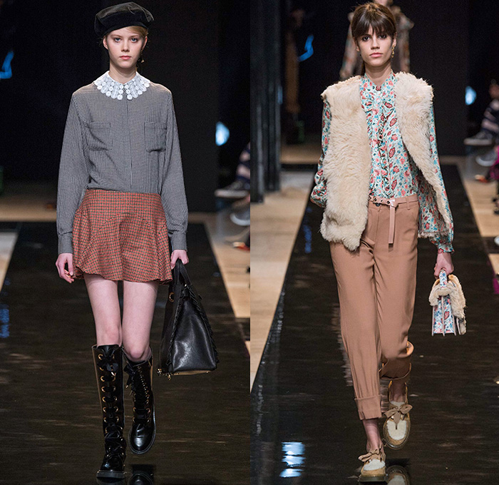 Paul + Joe 2015-2016 Fall Autumn Winter Womens Runway Catwalk Looks - Mode à Paris Fashion Week Mode Féminin France - 1970s Seventies Parisian Beret Denim Jeans Lace Ruffles Flowers Florals Print Sheer Chiffon Silk Pussycat Bow Peter Pan Collar Outerwear Blazer Jacket Coat Plaid Velvet Onesie Jumpsuit Coveralls Embroidery Blouse Vest Waistcoat Knit Sweater Pants Trousers Pantsuit Jacquard Sequins 