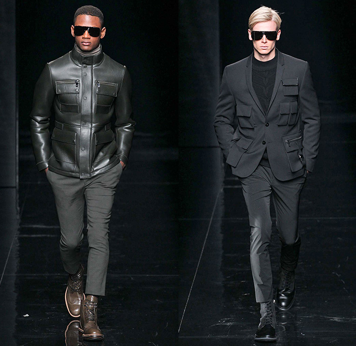 Porsche Design 2015-2016 Fall Autumn Winter Mens Runway Catwalk Looks - New York Fashion Week NYFW - Outerwear Trench Coat Military Aviator Quilted Leather Bomber Field Jacket Suit Peacoat Shearling Pants Trousers Sunglasses Wide Lapel Moto Motorcycle Biker Racer Boots Cargo Pockets Utilitarian