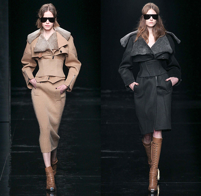 Porsche Design 2015-2016 Fall Autumn Winter Womens Runway Catwalk Looks - New York Fashion Week NYFW - Nipped-in Waist Corset Bustier Outerwear Shearling Coat Quilted Puffer Jacket Chunky Knit Sweater Jumper Wide Lapel Culottes Moto Motorcycle Biker Rider Leather Boots Lace Up Wool Furry Skirt Frock Grid Pants Trousers Blouse Leggings Shirtdress Silk Metallic Ribbed Pantsuit Blazer Hand Harness