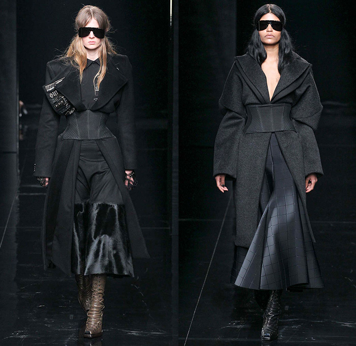 Porsche Design 2015-2016 Fall Autumn Winter Womens Runway Catwalk Looks - New York Fashion Week NYFW - Nipped-in Waist Corset Bustier Outerwear Shearling Coat Quilted Puffer Jacket Chunky Knit Sweater Jumper Wide Lapel Culottes Moto Motorcycle Biker Rider Leather Boots Lace Up Wool Furry Skirt Frock Grid Pants Trousers Blouse Leggings Shirtdress Silk Metallic Ribbed Pantsuit Blazer Hand Harness