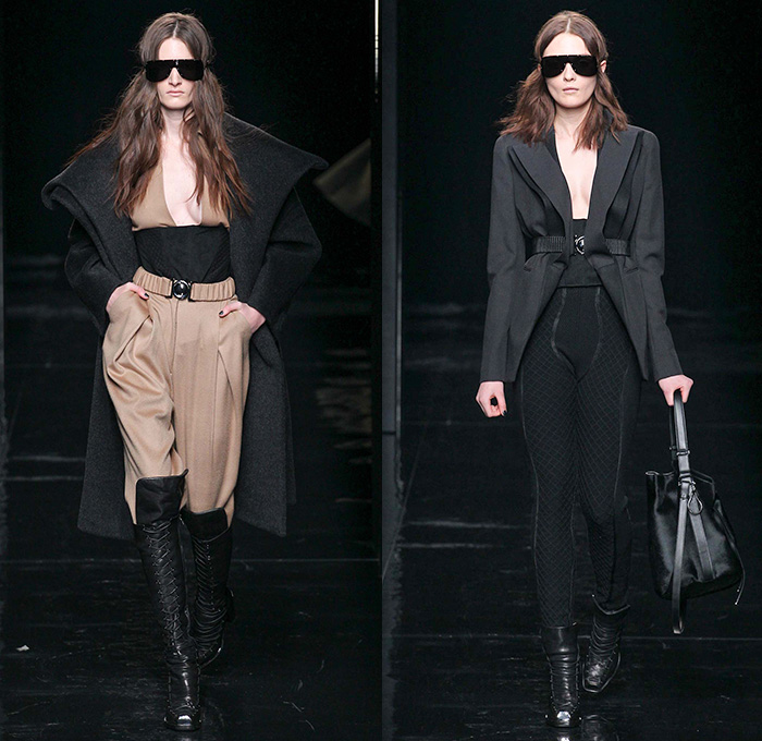 Porsche Design 2015-2016 Fall Autumn Winter Womens Runway Catwalk Looks - New York Fashion Week NYFW - Nipped-in Waist Corset Bustier Outerwear Shearling Coat Quilted Puffer Jacket Chunky Knit Sweater Jumper Wide Lapel Culottes Moto Motorcycle Biker Rider Leather Boots Lace Up Wool Furry Skirt Frock Grid Pants Trousers Blouse Leggings Shirtdress Silk Metallic Ribbed Pantsuit Blazer Hand Harness