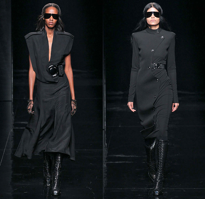 Porsche Design 2015-2016 Fall Autumn Winter Womens Runway Catwalk Looks - New York Fashion Week NYFW - Nipped-in Waist Corset Bustier Outerwear Shearling Coat Quilted Puffer Jacket Chunky Knit Sweater Jumper Wide Lapel Culottes Moto Motorcycle Biker Rider Leather Boots Lace Up Wool Furry Skirt Frock Grid Pants Trousers Blouse Leggings Shirtdress Silk Metallic Ribbed Pantsuit Blazer Hand Harness