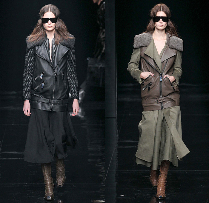 Porsche Design 2015-2016 Fall Autumn Winter Womens Runway Catwalk Looks - New York Fashion Week NYFW - Nipped-in Waist Corset Bustier Outerwear Shearling Coat Quilted Puffer Jacket Chunky Knit Sweater Jumper Wide Lapel Culottes Moto Motorcycle Biker Rider Leather Boots Lace Up Wool Furry Skirt Frock Grid Pants Trousers Blouse Leggings Shirtdress Silk Metallic Ribbed Pantsuit Blazer Hand Harness