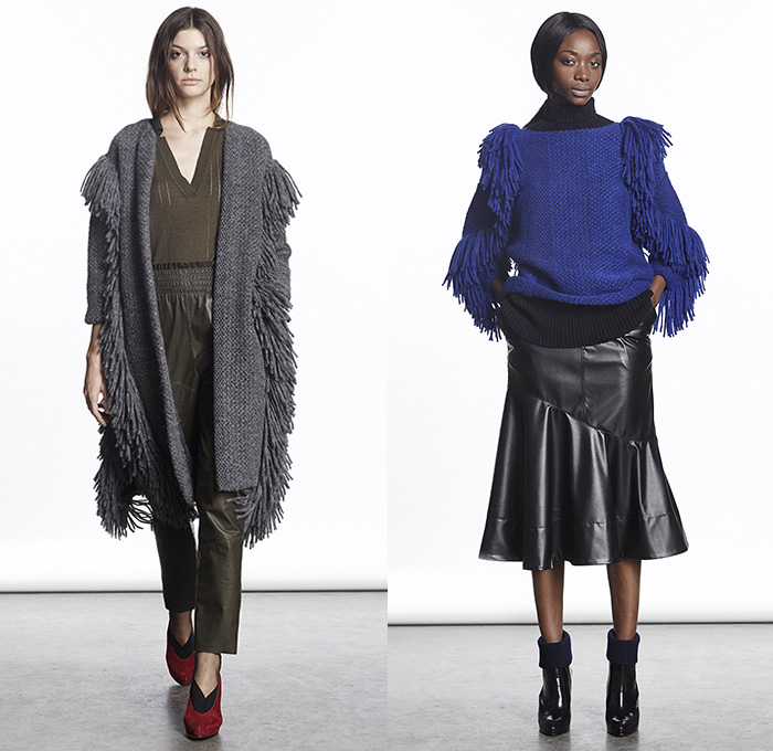 Rachel Comey 2015-2016 Fall Autumn Winter Womens Lookbook Presentation - New York Fashion Week NYFW - Retro 1970s Seventies Denim Jeans Flare Bell Bottoms Knit Sweater Fringes Hands Furry Outerwear Coat Jacket Necktie Skirt Frock Fleece Onesie Jumpsuit Coveralls Playsuit Wide Leg Palazzo Pants Embroidery Blouse Balloon Sleeves Tunic Shearling High Thigh Pinafore Maxi Lace Dress Pleats Peplum Windowpane Check