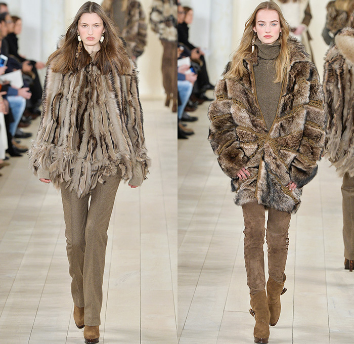 Ralph Lauren 2015-2016 Fall Autumn Winter Womens Runway Catwalk Looks - Mercedes-Benz Fashion Week New York MBFW NYFW - Western Furry Shearling Outerwear Coat Jacket Cape Cloak Chunky Knit Sweater Jumper Fringes Turtleneck Embroidery Jewels Bedazzled Skirt Frock Sheer Chiffon Lace Suede Patchwork Vest Waistcoat Cardigan Dress Jumpsuit Pinstripe Pantsuit Blazer Necktie Suspenders Gown