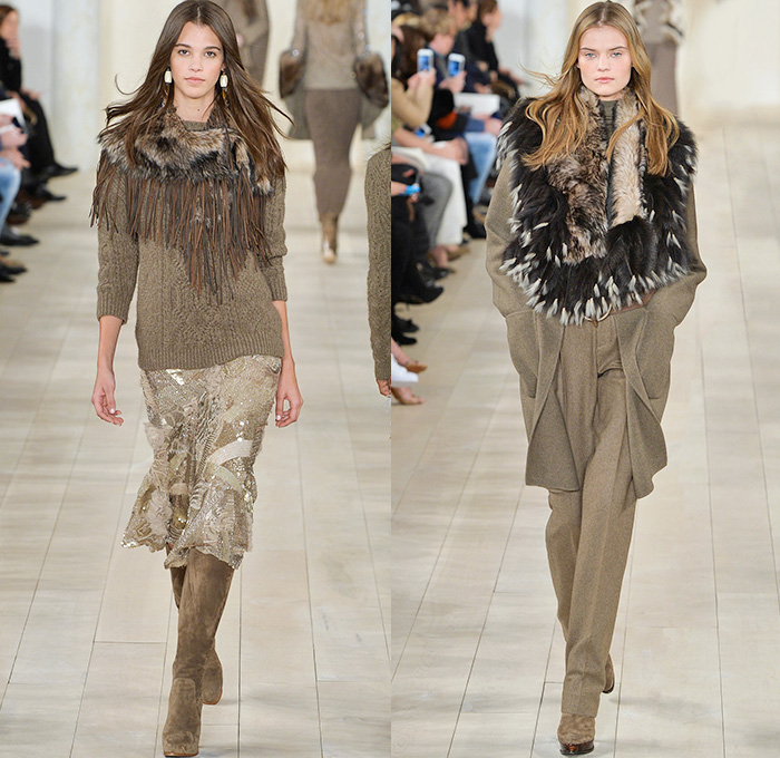 Ralph Lauren 2015-2016 Fall Autumn Winter Womens Runway Catwalk Looks - Mercedes-Benz Fashion Week New York MBFW NYFW - Western Furry Shearling Outerwear Coat Jacket Cape Cloak Chunky Knit Sweater Jumper Fringes Turtleneck Embroidery Jewels Bedazzled Skirt Frock Sheer Chiffon Lace Suede Patchwork Vest Waistcoat Cardigan Dress Jumpsuit Pinstripe Pantsuit Blazer Necktie Suspenders Gown