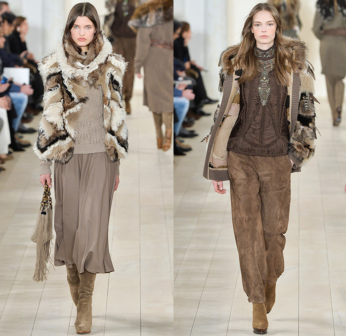 Ralph Lauren 2015-2016 Fall Autumn Winter Womens Runway Catwalk Looks - Mercedes-Benz Fashion Week New York MBFW NYFW - Western Furry Shearling Outerwear Coat Jacket Cape Cloak Chunky Knit Sweater Jumper Fringes Turtleneck Embroidery Jewels Bedazzled Skirt Frock Sheer Chiffon Lace Suede Patchwork Vest Waistcoat Cardigan Dress Jumpsuit Pinstripe Pantsuit Blazer Necktie Suspenders Gown