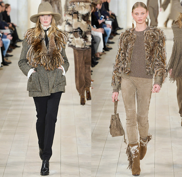 Ralph Lauren 2015-2016 Fall Autumn Winter Womens Runway Catwalk Looks - Mercedes-Benz Fashion Week New York MBFW NYFW - Western Furry Shearling Outerwear Coat Jacket Cape Cloak Chunky Knit Sweater Jumper Fringes Turtleneck Embroidery Jewels Bedazzled Skirt Frock Sheer Chiffon Lace Suede Patchwork Vest Waistcoat Cardigan Dress Jumpsuit Pinstripe Pantsuit Blazer Necktie Suspenders Gown