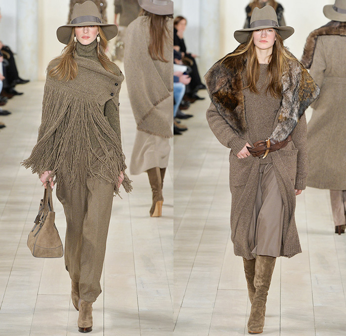 Ralph Lauren 2015-2016 Fall Autumn Winter Womens Runway Catwalk Looks - Mercedes-Benz Fashion Week New York MBFW NYFW - Western Furry Shearling Outerwear Coat Jacket Cape Cloak Chunky Knit Sweater Jumper Fringes Turtleneck Embroidery Jewels Bedazzled Skirt Frock Sheer Chiffon Lace Suede Patchwork Vest Waistcoat Cardigan Dress Jumpsuit Pinstripe Pantsuit Blazer Necktie Suspenders Gown