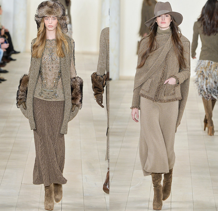 Ralph Lauren 2015-2016 Fall Autumn Winter Womens Runway Catwalk Looks - Mercedes-Benz Fashion Week New York MBFW NYFW - Western Furry Shearling Outerwear Coat Jacket Cape Cloak Chunky Knit Sweater Jumper Fringes Turtleneck Embroidery Jewels Bedazzled Skirt Frock Sheer Chiffon Lace Suede Patchwork Vest Waistcoat Cardigan Dress Jumpsuit Pinstripe Pantsuit Blazer Necktie Suspenders Gown