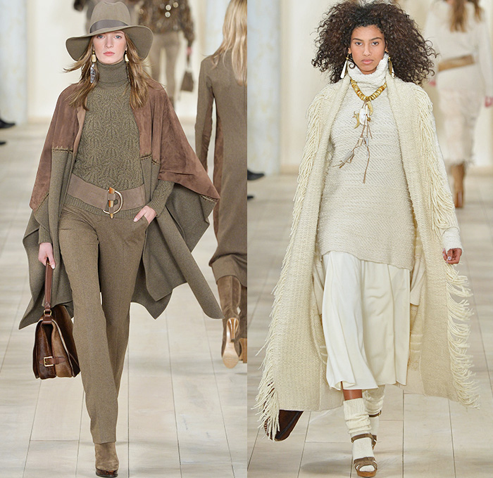 Ralph Lauren 2015-2016 Fall Autumn Winter Womens Runway Catwalk Looks - Mercedes-Benz Fashion Week New York MBFW NYFW - Western Furry Shearling Outerwear Coat Jacket Cape Cloak Chunky Knit Sweater Jumper Fringes Turtleneck Embroidery Jewels Bedazzled Skirt Frock Sheer Chiffon Lace Suede Patchwork Vest Waistcoat Cardigan Dress Jumpsuit Pinstripe Pantsuit Blazer Necktie Suspenders Gown