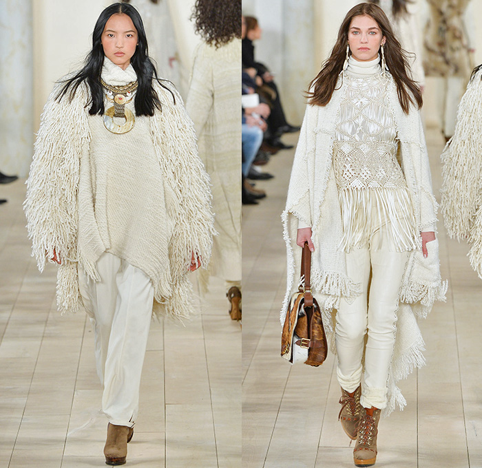 Ralph Lauren 2015-2016 Fall Autumn Winter Womens Runway Catwalk Looks - Mercedes-Benz Fashion Week New York MBFW NYFW - Western Furry Shearling Outerwear Coat Jacket Cape Cloak Chunky Knit Sweater Jumper Fringes Turtleneck Embroidery Jewels Bedazzled Skirt Frock Sheer Chiffon Lace Suede Patchwork Vest Waistcoat Cardigan Dress Jumpsuit Pinstripe Pantsuit Blazer Necktie Suspenders Gown