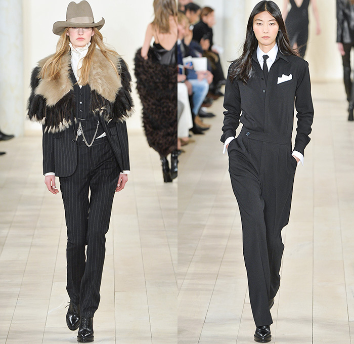 Ralph Lauren 2015-2016 Fall Autumn Winter Womens Runway Catwalk Looks - Mercedes-Benz Fashion Week New York MBFW NYFW - Western Furry Shearling Outerwear Coat Jacket Cape Cloak Chunky Knit Sweater Jumper Fringes Turtleneck Embroidery Jewels Bedazzled Skirt Frock Sheer Chiffon Lace Suede Patchwork Vest Waistcoat Cardigan Dress Jumpsuit Pinstripe Pantsuit Blazer Necktie Suspenders Gown