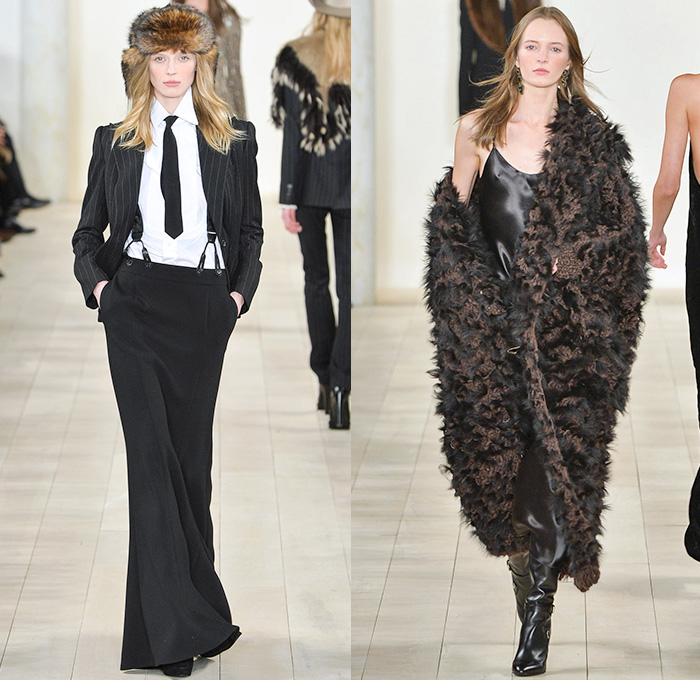 Ralph Lauren 2015-2016 Fall Autumn Winter Womens Runway Catwalk Looks - Mercedes-Benz Fashion Week New York MBFW NYFW - Western Furry Shearling Outerwear Coat Jacket Cape Cloak Chunky Knit Sweater Jumper Fringes Turtleneck Embroidery Jewels Bedazzled Skirt Frock Sheer Chiffon Lace Suede Patchwork Vest Waistcoat Cardigan Dress Jumpsuit Pinstripe Pantsuit Blazer Necktie Suspenders Gown