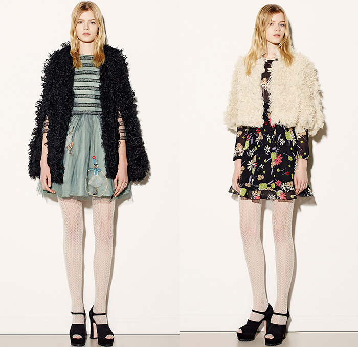 Red Valentino 2015-2016 Fall Autumn Winter Womens Lookbook Presentation - New York Fashion Week NYFW - Denim Jeans Circus Carnival Illustrations Pop Art Stripes Cardigan Culottes Pantsuit Pussy Bow Blouse Checks Parka Sheer Chiffon Furry Shearling Outerwear Coat Jacket Fauna Leaves Foliage Flowers Florals Tights Knit Skirt Frock Shorts Leopard Hanging Sleeve Tiered Ruffles Embroidery Onesie Playsuit