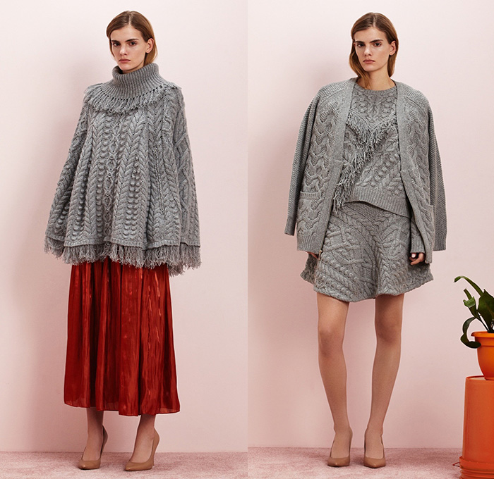 Rhié by Rie Yamagata 2015-2016 Fall Autumn Winter Womens Lookbook Presentation - Chunky Knit Poncho Hanging Sleeve Cape Plaid Wide Leg Trousers Palazzo Pants Culottes Gauchos Skirt Frock Sheer Chiffon Fleece Peel Away Fringes Furry Shaggy Gingham Checks Embroidery Turtleneck Cardigan Shorts Concave Curved Hem Multi-Panel Dress
