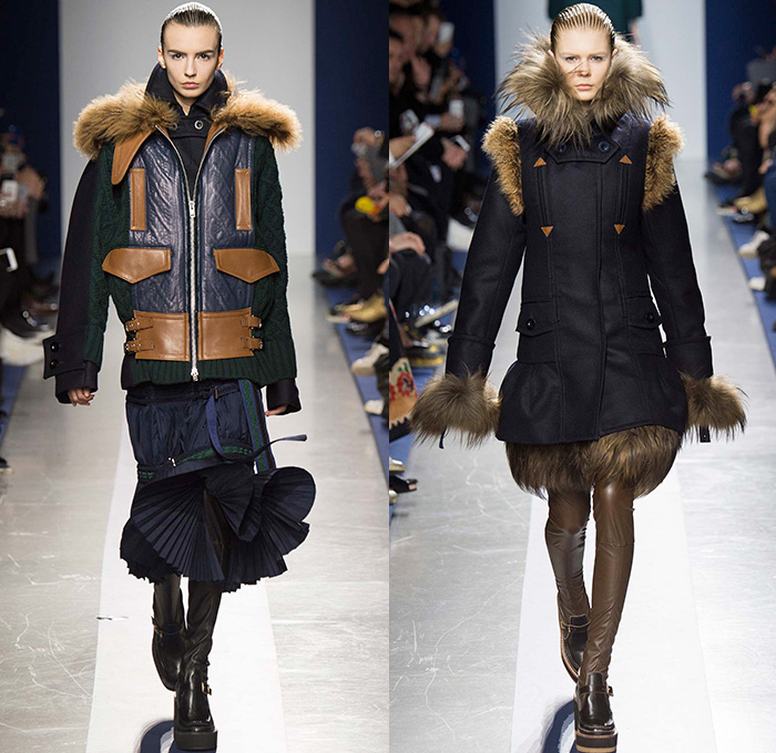 Sacai by Chitose Abe 2015-2016 Fall Autumn Winter Womens Runway Catwalk Looks - Mode à Paris Fashion Week Mode Féminin France - Oversized Furry  Outerwear Coatdress Accordion Pleats Chunky Knit Fringes Skirt Frock Shearling Quilted Turtleneck Ribbed Moto Motorcycle Biker Leather Parka Crochet Vest Waistcoat Jacket Shirtdress Culottes Sweater Straps Sweaterdress Snowflakes Windowpane Check Ethnic Tribal Stripes