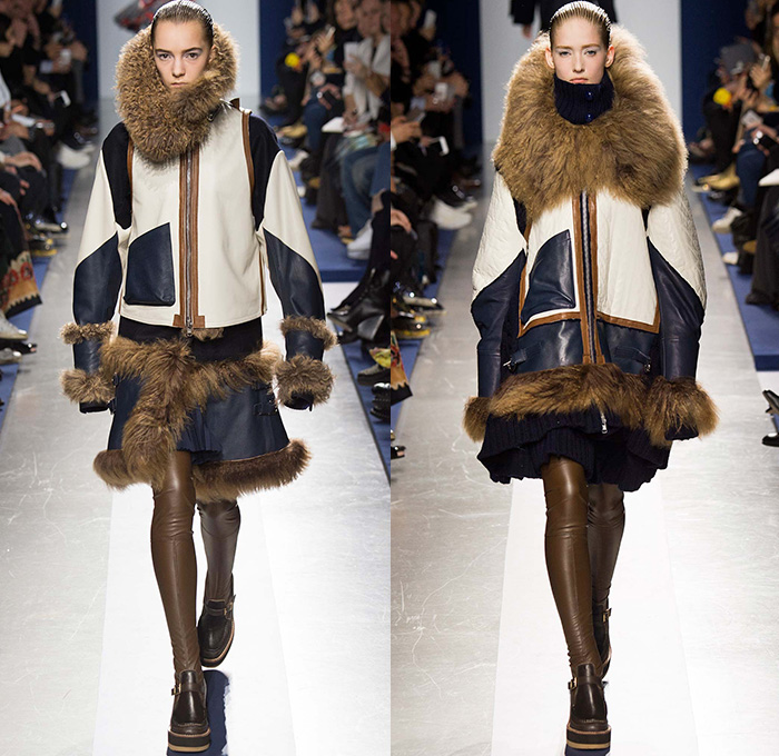 Sacai by Chitose Abe 2015-2016 Fall Autumn Winter Womens Runway Catwalk Looks - Mode à Paris Fashion Week Mode Féminin France - Oversized Furry  Outerwear Coatdress Accordion Pleats Chunky Knit Fringes Skirt Frock Shearling Quilted Turtleneck Ribbed Moto Motorcycle Biker Leather Parka Crochet Vest Waistcoat Jacket Shirtdress Culottes Sweater Straps Sweaterdress Snowflakes Windowpane Check Ethnic Tribal Stripes