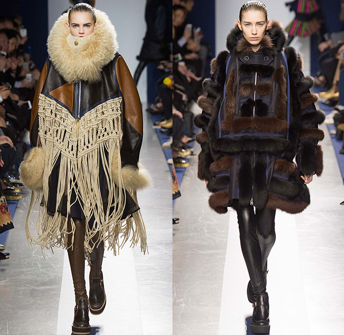 Sacai by Chitose Abe 2015-2016 Fall Autumn Winter Womens Runway Catwalk Looks - Mode à Paris Fashion Week Mode Féminin France - Oversized Furry  Outerwear Coatdress Accordion Pleats Chunky Knit Fringes Skirt Frock Shearling Quilted Turtleneck Ribbed Moto Motorcycle Biker Leather Parka Crochet Vest Waistcoat Jacket Shirtdress Culottes Sweater Straps Sweaterdress Snowflakes Windowpane Check Ethnic Tribal Stripes