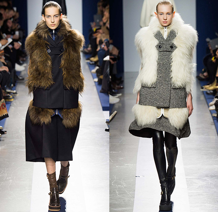 Sacai by Chitose Abe 2015-2016 Fall Autumn Winter Womens Runway Catwalk Looks - Mode à Paris Fashion Week Mode Féminin France - Oversized Furry  Outerwear Coatdress Accordion Pleats Chunky Knit Fringes Skirt Frock Shearling Quilted Turtleneck Ribbed Moto Motorcycle Biker Leather Parka Crochet Vest Waistcoat Jacket Shirtdress Culottes Sweater Straps Sweaterdress Snowflakes Windowpane Check Ethnic Tribal Stripes