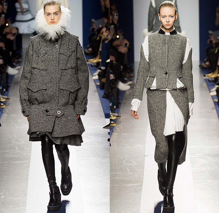 Sacai by Chitose Abe 2015-2016 Fall Autumn Winter Womens Runway Catwalk Looks - Mode à Paris Fashion Week Mode Féminin France - Oversized Furry  Outerwear Coatdress Accordion Pleats Chunky Knit Fringes Skirt Frock Shearling Quilted Turtleneck Ribbed Moto Motorcycle Biker Leather Parka Crochet Vest Waistcoat Jacket Shirtdress Culottes Sweater Straps Sweaterdress Snowflakes Windowpane Check Ethnic Tribal Stripes