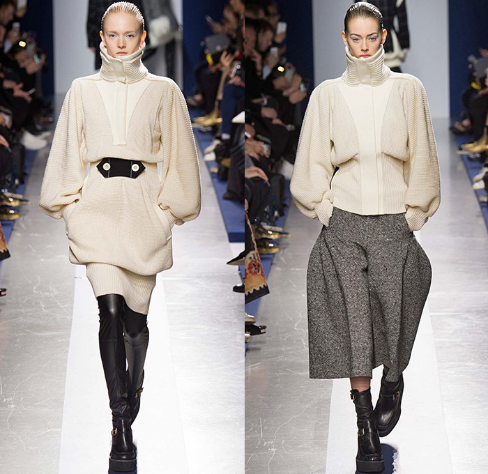 Sacai by Chitose Abe 2015-2016 Fall Autumn Winter Womens Runway Catwalk Looks - Mode à Paris Fashion Week Mode Féminin France - Oversized Furry  Outerwear Coatdress Accordion Pleats Chunky Knit Fringes Skirt Frock Shearling Quilted Turtleneck Ribbed Moto Motorcycle Biker Leather Parka Crochet Vest Waistcoat Jacket Shirtdress Culottes Sweater Straps Sweaterdress Snowflakes Windowpane Check Ethnic Tribal Stripes